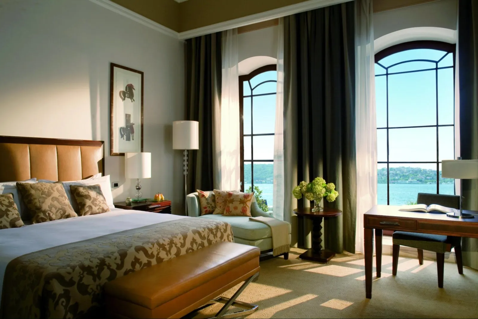 Elegant hotel room overlooking the water